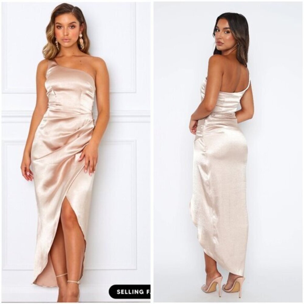 White Fox Boutique Willow Wrap Satin Dress in Champagne Size M NWT